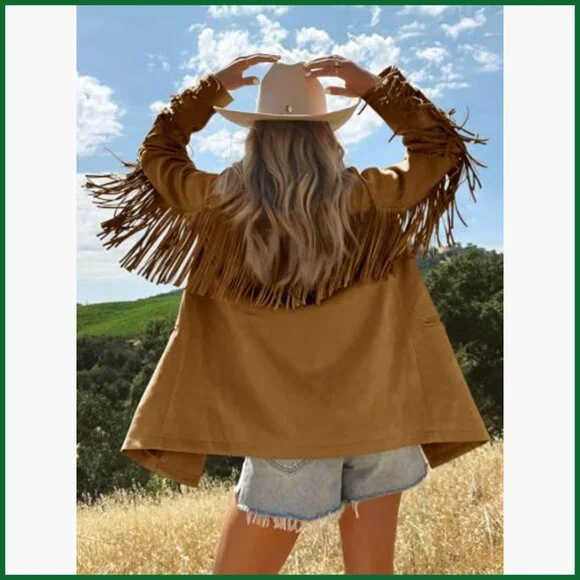 Faux Suede Fringe Blazer Jacket with Lapel Collar Button Front - Picture 2 of 7